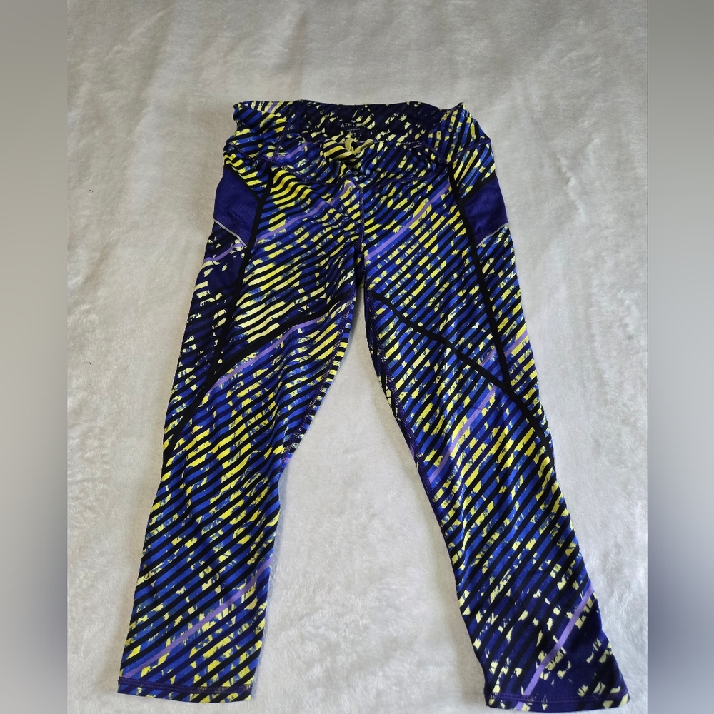 Athleta Womens Blue and Yellow Capris with Dynamic Pattern